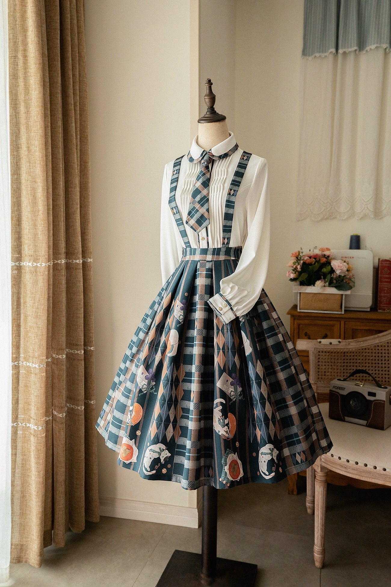 Persimmon Cat Suspender Skirt and Blouse