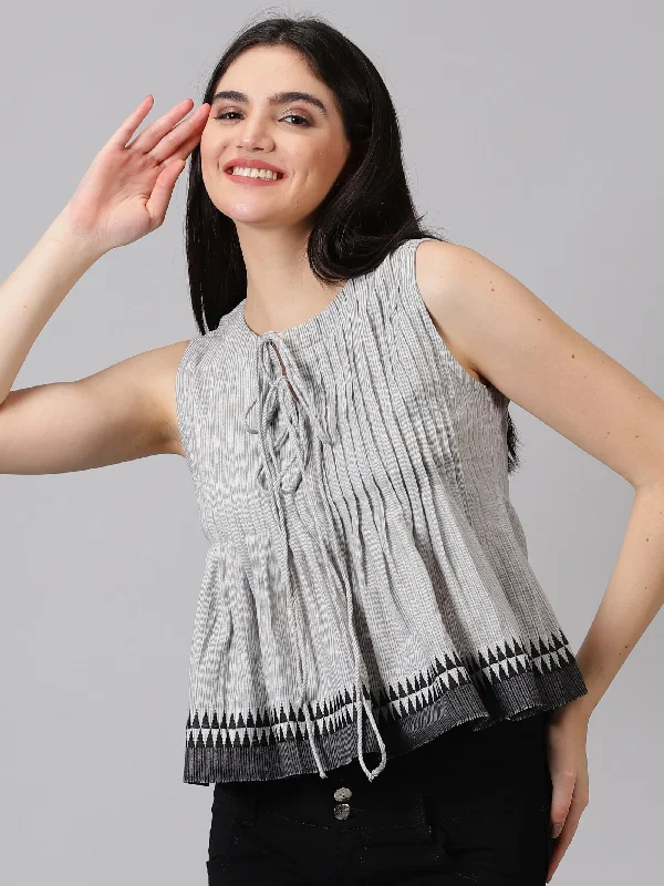 Grey Tie-Up Neck Cotton Peplum Top