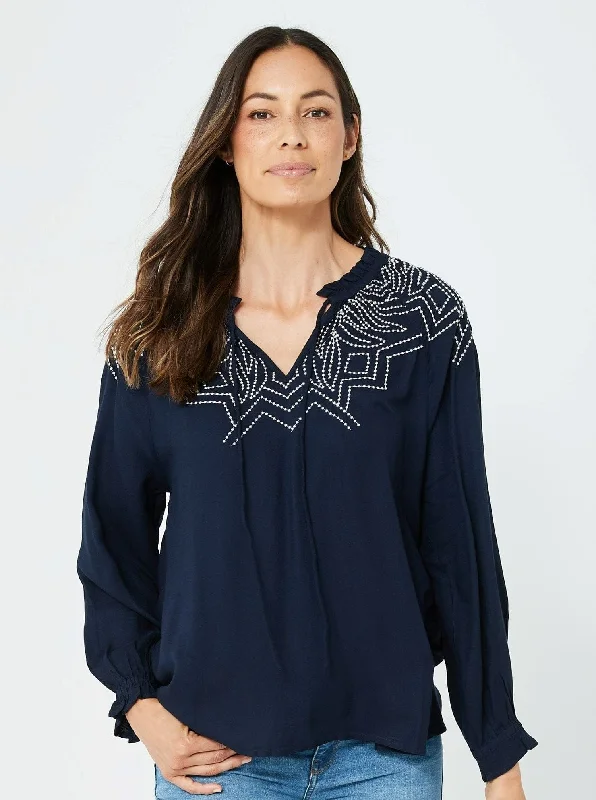 Woman Long Sleeves Navy Fashion Casual Top | Melinda Top/ARADA TOP | Navy/Viscose