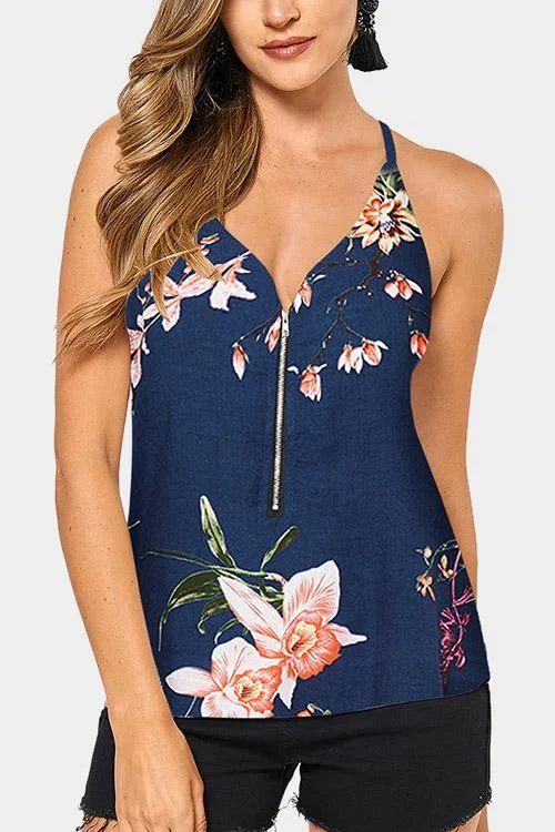 Custom Deep V-Neck Floral Print Zip Back Spaghetti Strap Sleeveless Camis