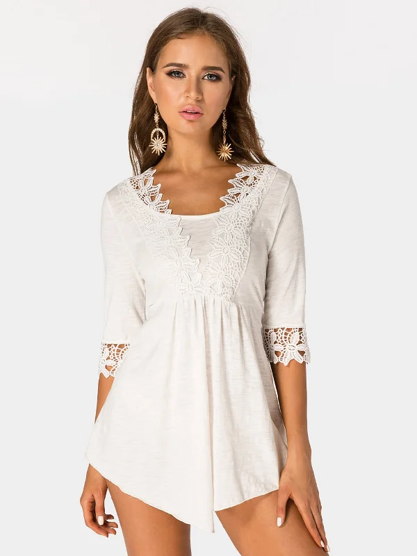 OEM ODM V-Neck Lace Lace-Up Half Sleeve High-Waisted White T-Shirts