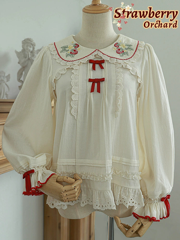 Strawberry Embroidery Long Sleeve Blouse