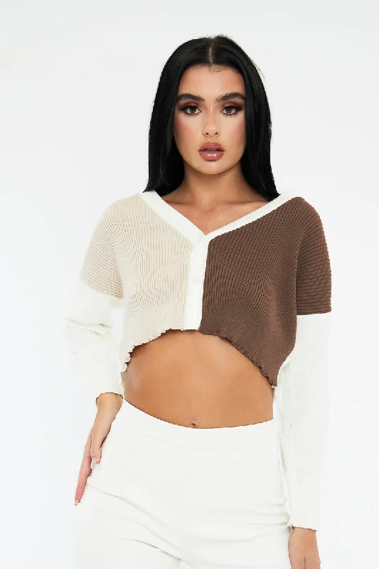 Brown Stripe Button Front Knit Crop Top - Reimi