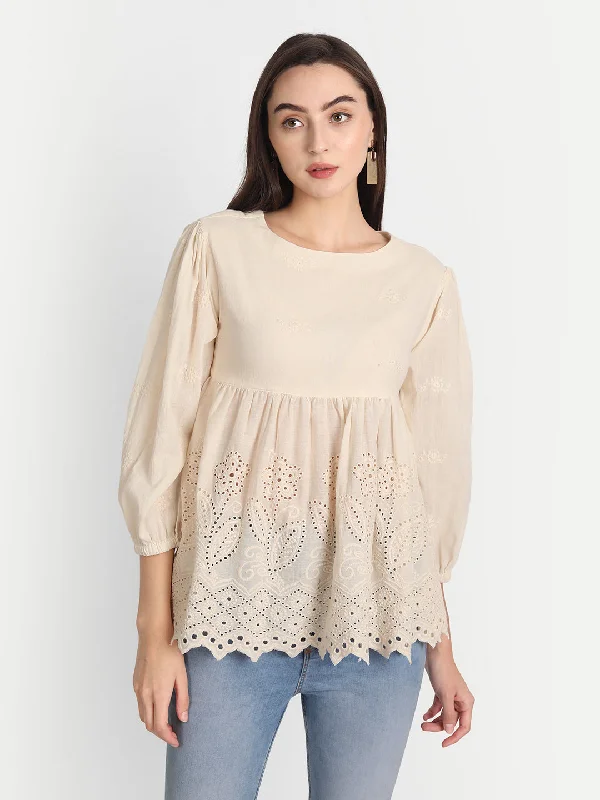 Schiffli Self Design A-Line Pleated Cotton Top