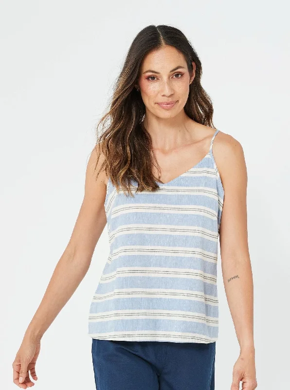 Woman Singlet, Linen Singlet, Stripe Blue Printed, CLEO/Cora