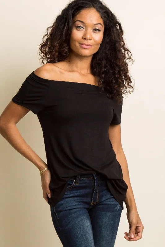 Black Off Shoulder Short Sleeve Top