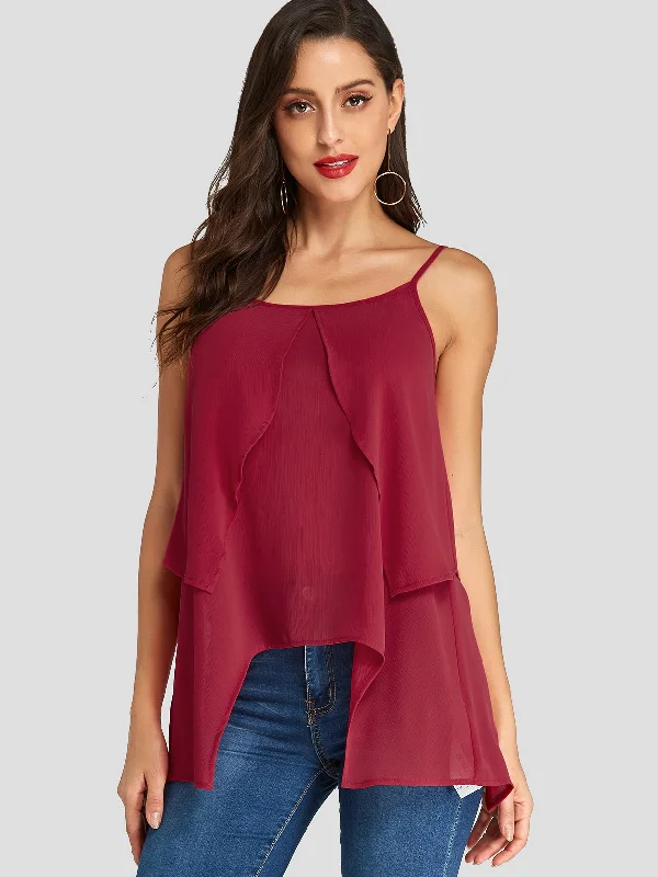 Custom Tiered Spaghetti Strap Irregular Hem Burgundy Tank Top