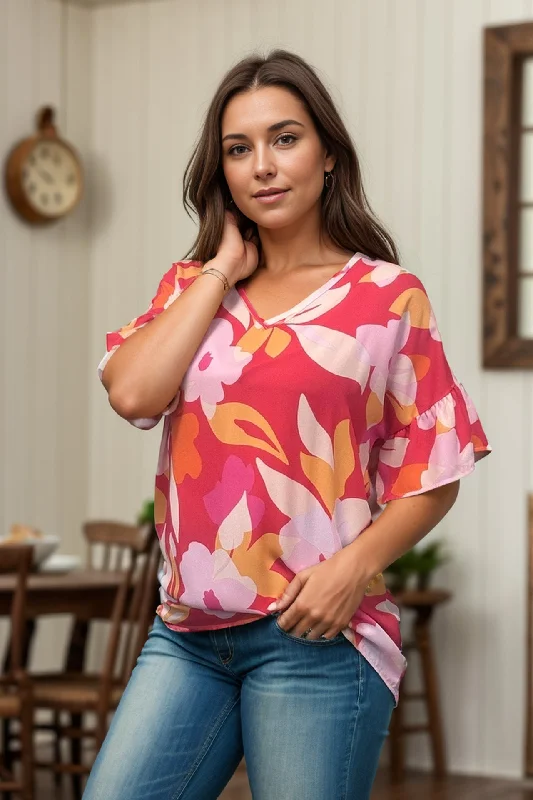 Floral In Coral Ruffle Sleeve Top