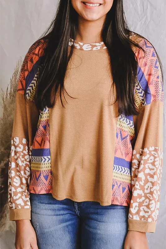 Multicolor Casual Geometric and Leopard Print Long Sleeve Top