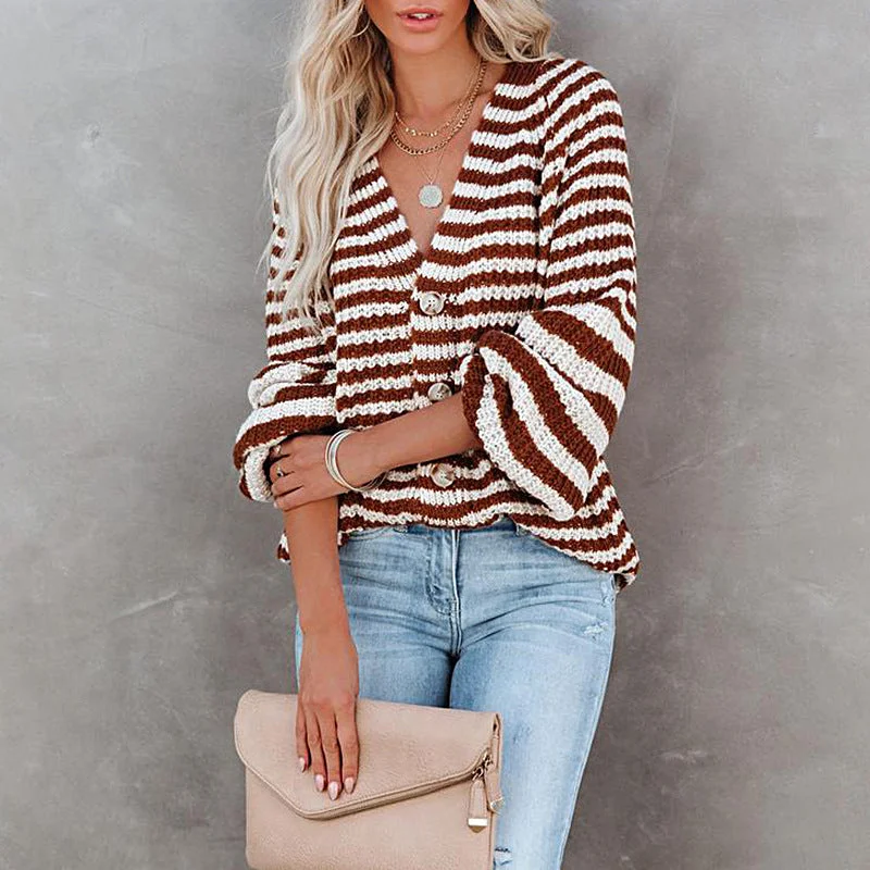 V Collar Single Breasted Stripe Casual Cardigan Wholesale