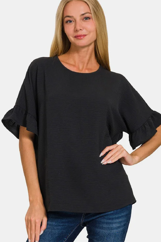 Zenana V-Neck Flutter Sleeve Top in Black