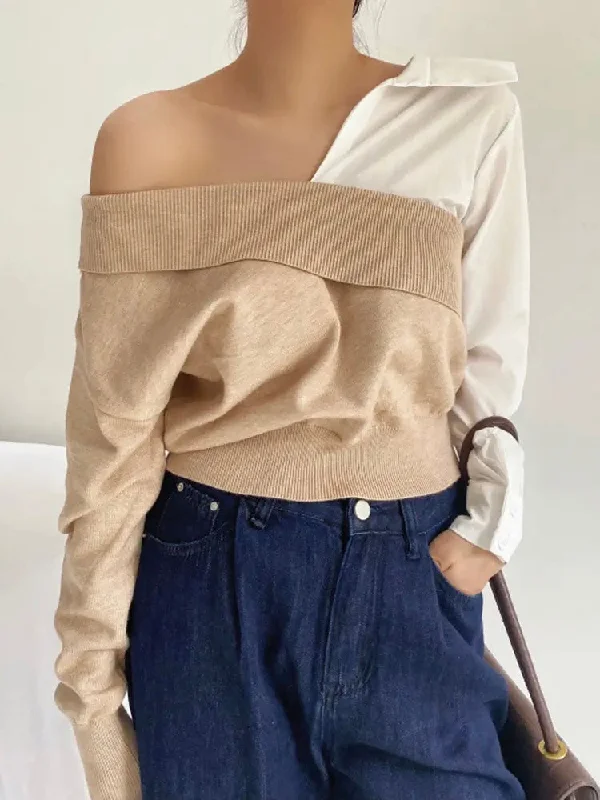 Korean Style Colorblock Patchwork Knitting Blouse For Women