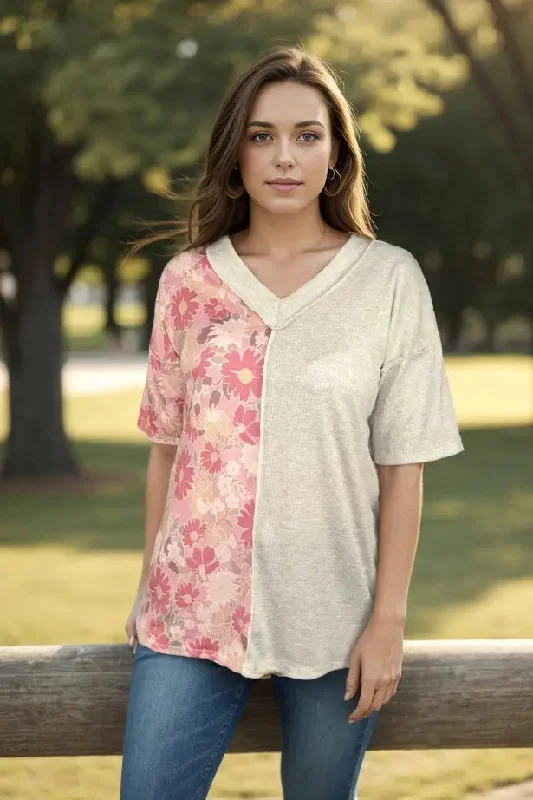 All About Us Short Sleeve V-Neck Colorblock Top in Oatmeal/Pink Floral