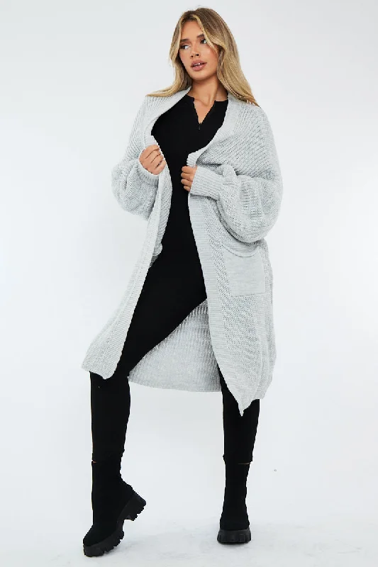 Light Grey Balloon Sleeve Maxi Knit Cardigan - Imara