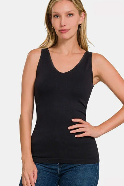 Round Neck Wide Strap Tank in Black