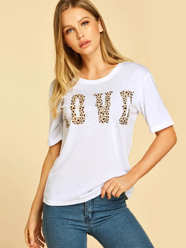 OEM ODM Round Neck Leopard Letter Half Sleeve White T-Shirts