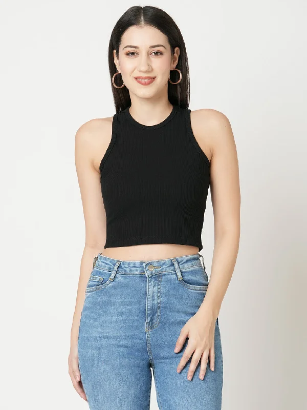 Women Slim Fit Black Solid Crop T-Shirt Rib