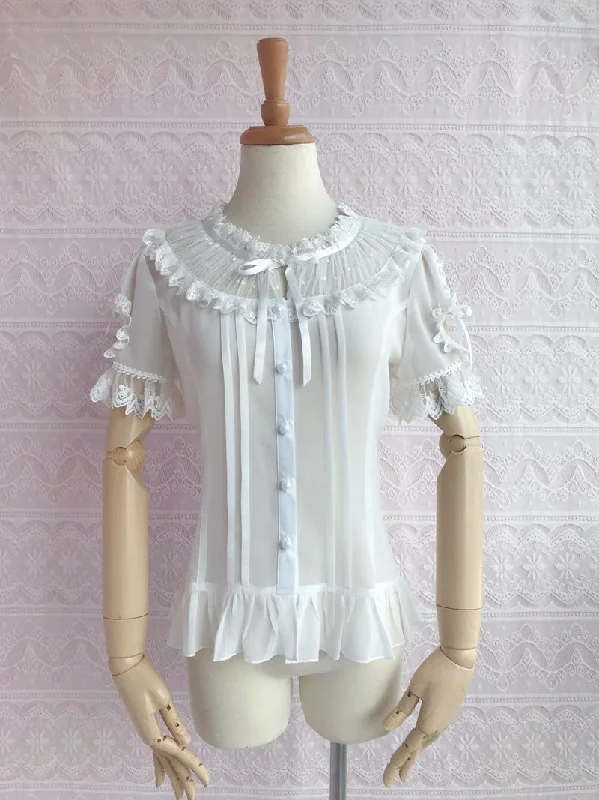 Ruffled Collar Short Sleeve With Heart Cut Outs Blouse