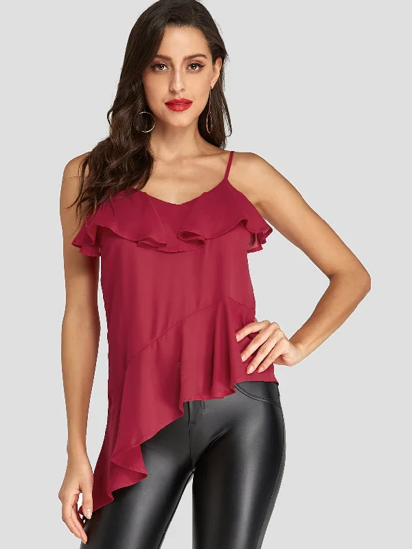 Custom V-Neck Plain Sleeveless Irregular Ruffle Hem Burgundy Camis