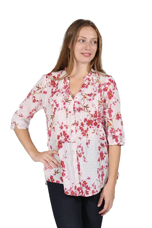 Pleat Front Fern Print Cotton Top