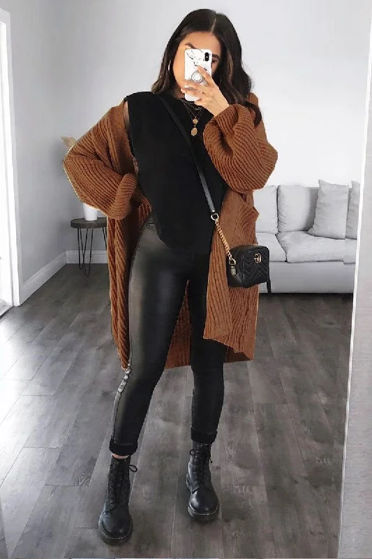 Brown Balloon Sleeve Longline Knit Cardigan - Abbie