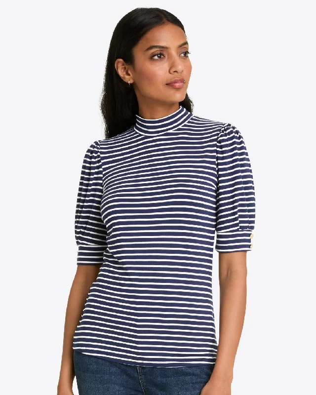 Mock Neck Puff Sleeve Top in Navy