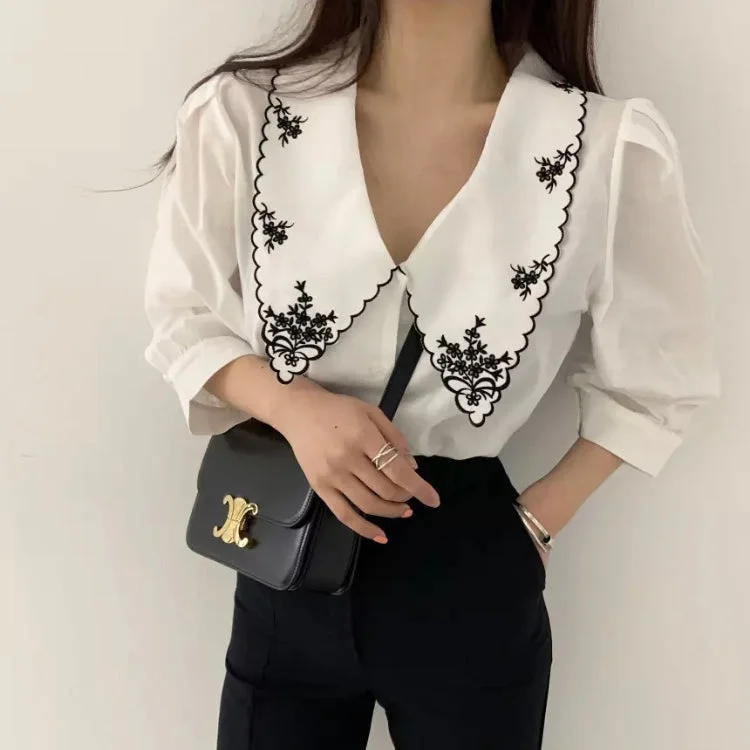 Floral Embroidered Top Puff Sleeve Vintage Style Blouse