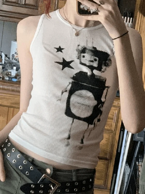 BerryBetty - Pixel Robot Star White Cropped Tank Top