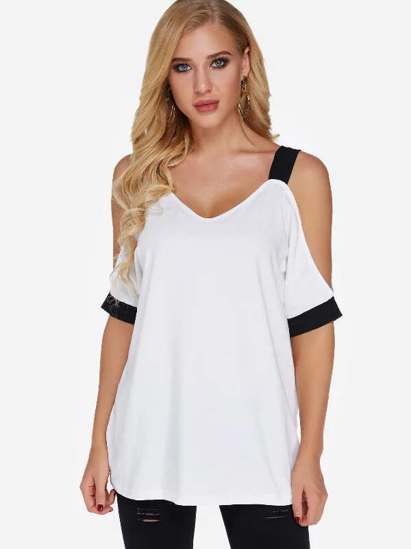 OEM ODM Cold Shoulder Plain Half Sleeve White T-Shirts