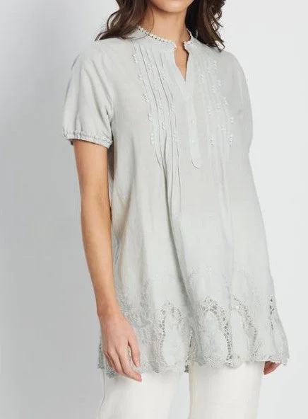 Woman  Short-Sleeved Shirt Embroidery Shirt Spring and Summer Top  | Marigold Shirt - Light Green (Cotton Shirt)