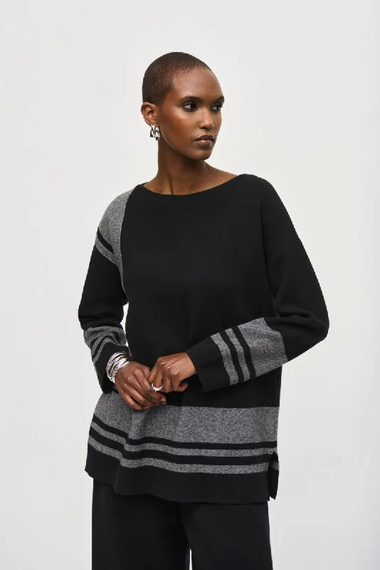 Joseph Ribkoff Black/Vanilla Striped Pullover Boxy Sweater Top 243949