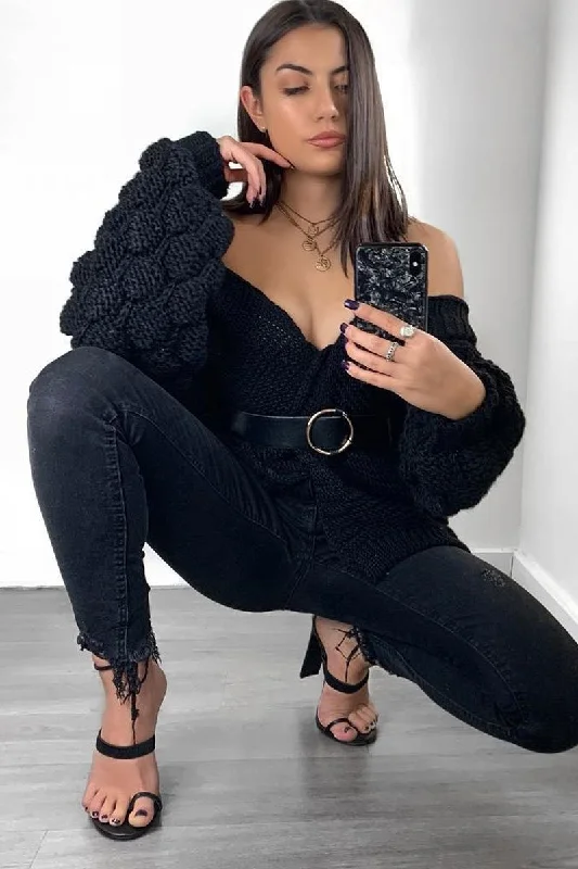 Black Chunky Knit Oversized Cardigan - Eaden