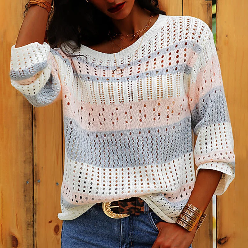 Eyelet Design Striped Knitting Pullover Top Wholesale Clothing Distributors