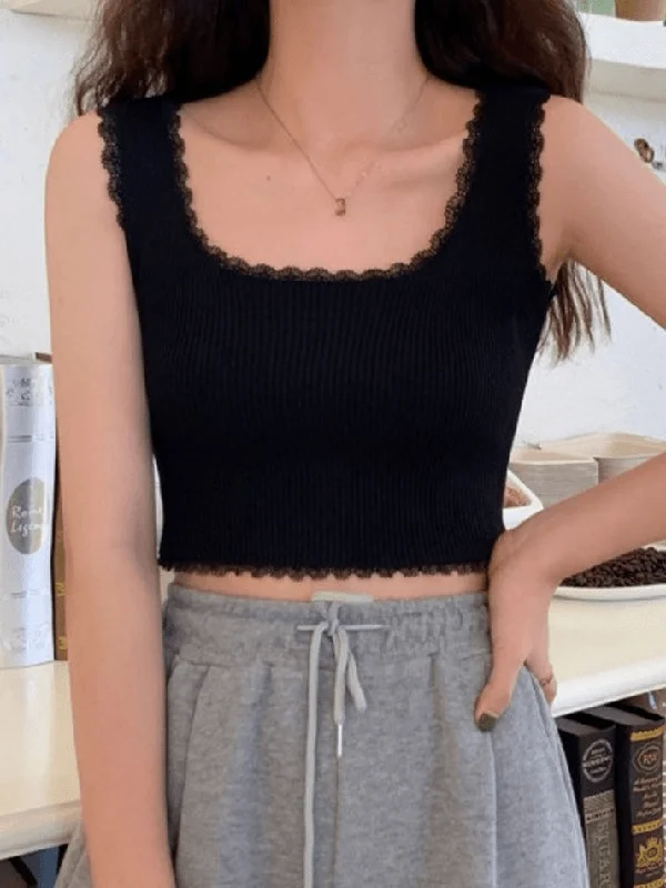 BerryBetty - Lace Trim Crop Knit Tank Top