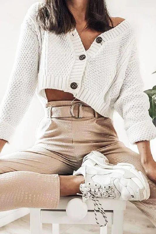 Cream Chunky Knit Button Up Crop Cardigan - Elly