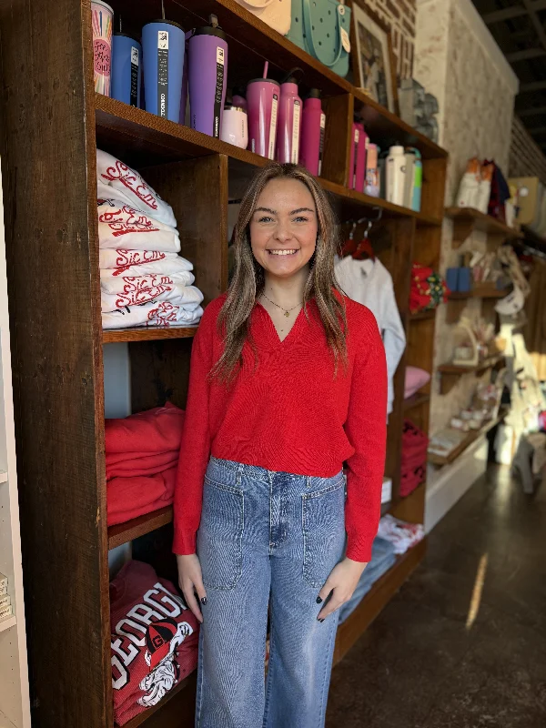 Red Solid V-Neck Collar Sweater