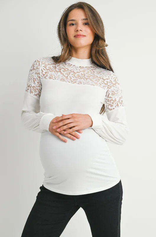 Floral Lace Long Sleeve Mock Neck Maternity Top