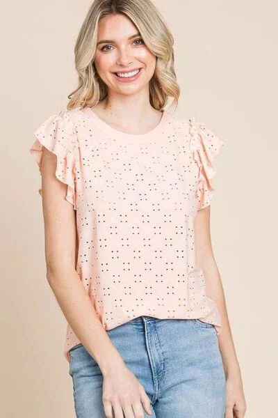 Eyelet Round Neck Ruffled Cap Sleeve Top in Tropical Peach