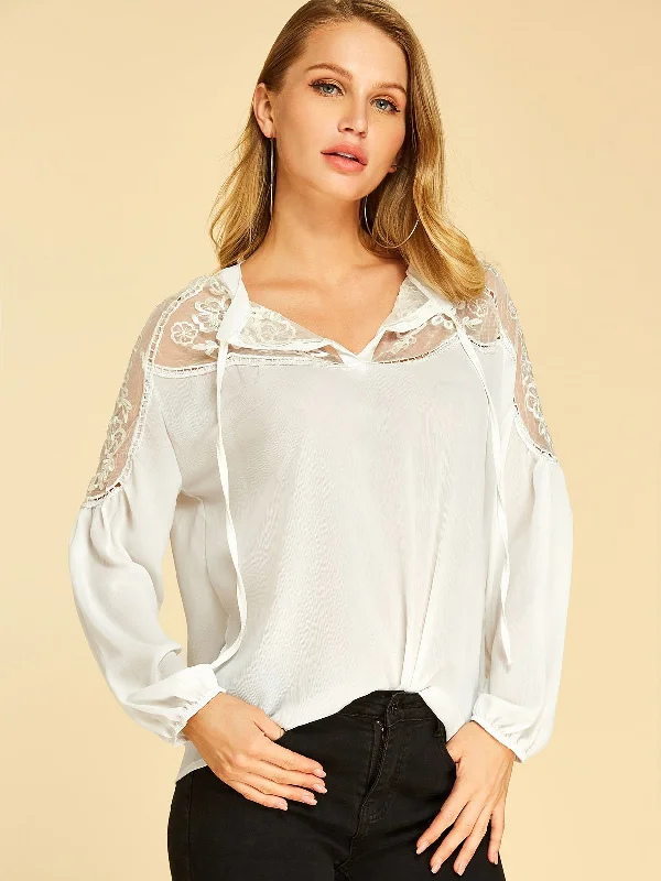 Wholesale V-Neck Plain Lace Self-Tie Long Sleeve White T-Shirts