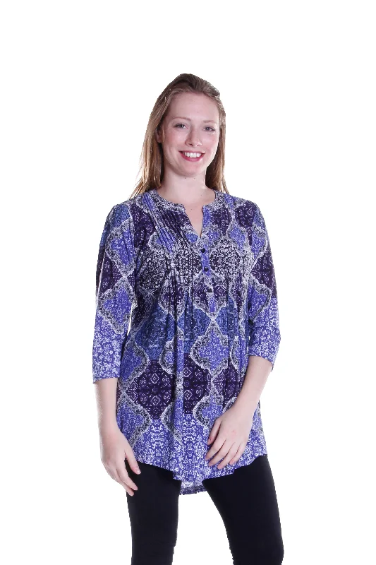 La Cera Pleat Front Printed Tunic Blue