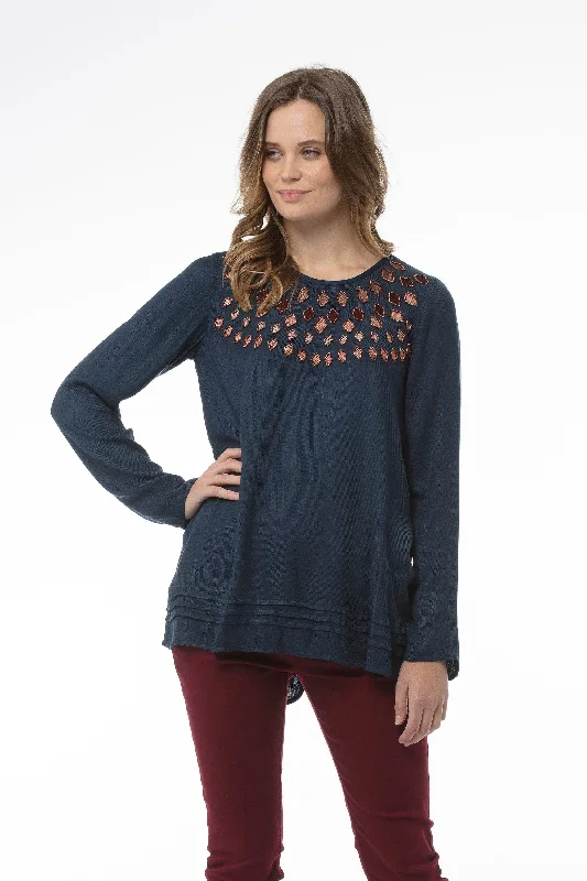 Woman Long Sleeves Knit Fashion Navy Top | Women's Crewneck Top | LORA Top - Navy