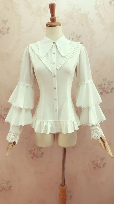 Pleated Collar Long Bell Sleeve Blouse