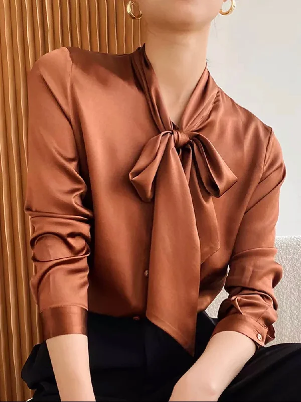 Women's Straight Bowknot Collar Long Sleeve Solid Minimalist Blouse