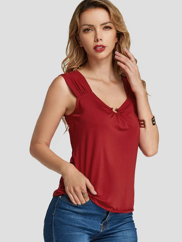 Custom V-Neck Pleated Burgundy Tank Top