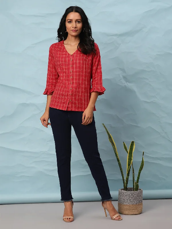 Red Cotton Checkered Top