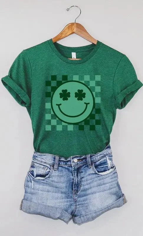 Checkered Clover Smiley St Patricks Graphic Tee