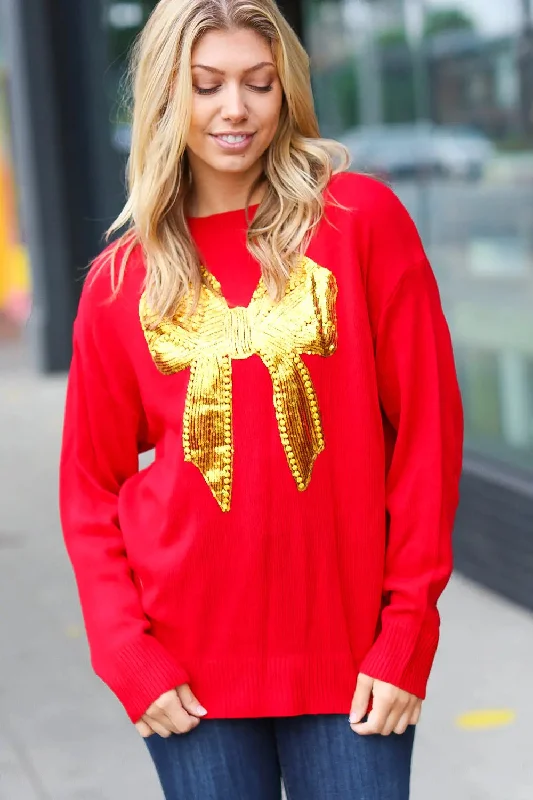 Haptics All I Want Red Sequin Bow Embroidery Knit Sweater