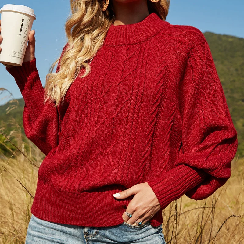 Autumn And Winter Round Neck Lantern Sleeve Solid Color Sweater