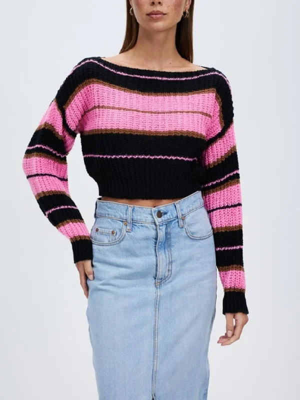 Women's Crop Cover Up Long Sleeve Pointelle Knit Hollow Out Crochet See Through Pink Knit Top by Kaja Clothing - Winni Top