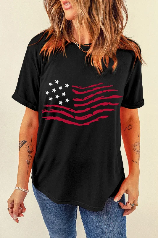 US Flag Round Neck Short Sleeve T-Shirt in Black